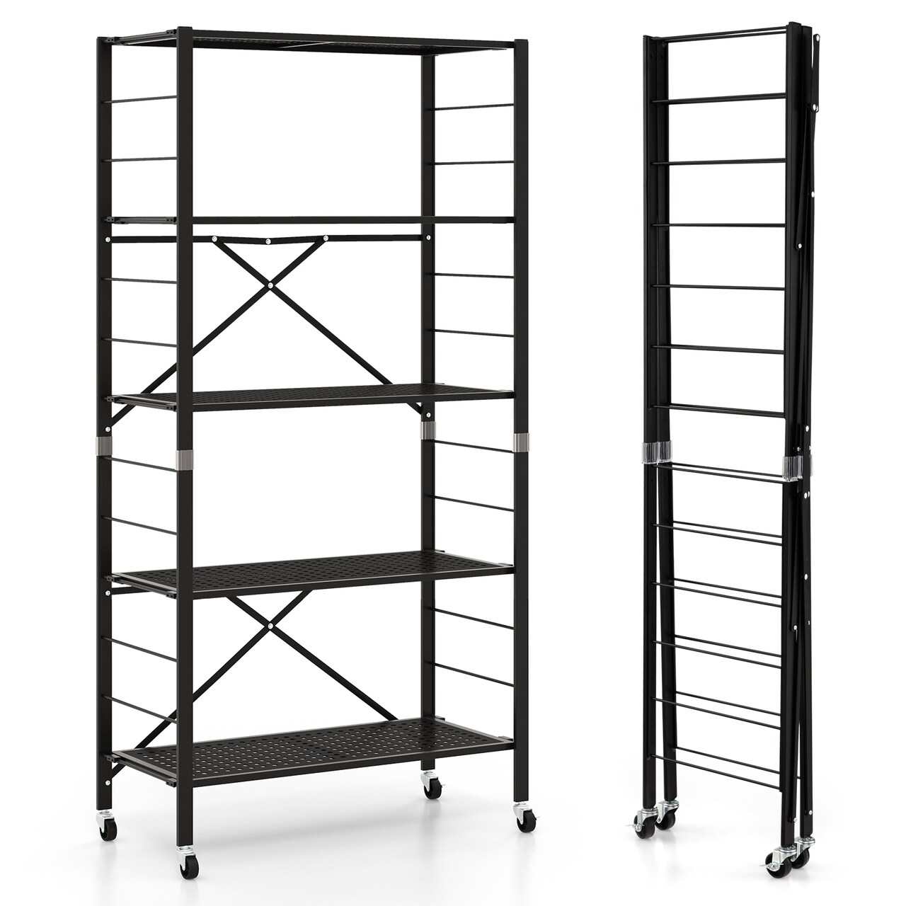 Black Metal Folding Storage Rack, Adjustable 5-Tier Shelf with Wheels